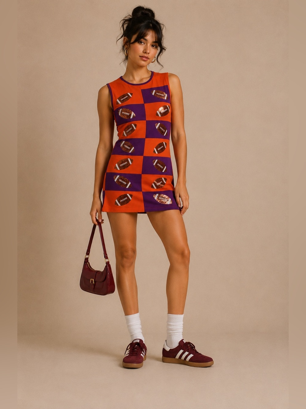 QUEEN OF SPARKLES Purple and Orange Checkerboard Football Dress Sports